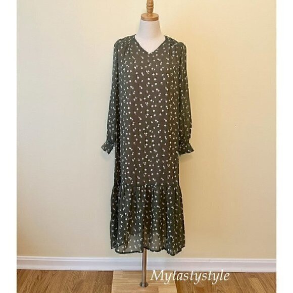 NWT Green Floral Delicate Romantic Ruffled Sheer Chiffon Boho Dress - Picture 8 of 14